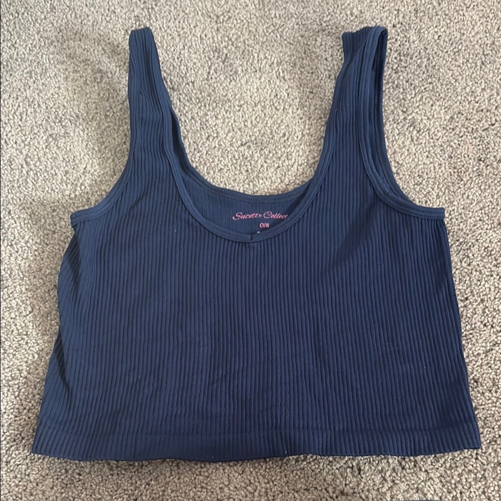 Blue Ribbed Crop Tank Top